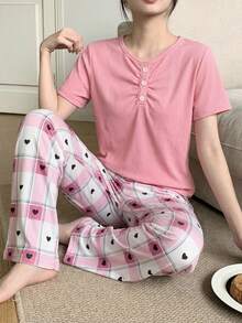 女童甜心格子睡衣套装，粉色罗纹荷叶边短袖 - 粉色 - 查看 7