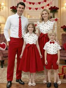 SHEIN Spring & Summer Single Tween Girl Sleeveless Elegant Heart-Print Shirt-Collar Waist- DressSweet And Cute Style Tween Girl Apparel, A-Line Midi Dress With Red And White Contrast Heart PatternsSuitable For Cross-Border E-Commerce Hot-Selling Cute Daily School Outfits / Family Outings / Light Sweet Children's Birthday Party Mini Dresses (European & American Kids' Fashion Parties / Cute Style)Daily Wear Dress - Multicolor - View 2