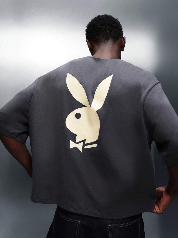 PLAYBOY X SUMWON Contrast Bunny Logo Short Sleeve Crew Neck T-Shirt With Front Brand Text Print Regular Fit Casual Streetwear