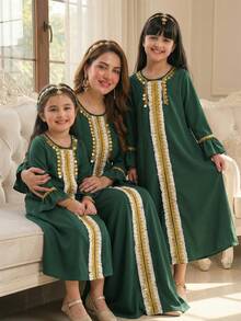 Elegant Floral Trim Dress For Tween Girls Fashionable, Luxurious, Versatile White Dress With Sophisticated Pattern - Dark Green - View 9