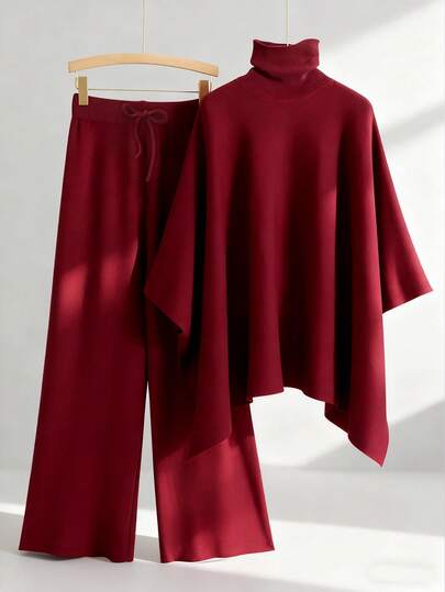 Franclia طقم قطعتين من ملابس علوية عنق عالي أسيمتري الذيل وبنطلون، لون أحادي، كاجوال، مقاسات كبيرة، خريف/شتاء