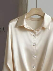 Chiquease Women's Autumn/Spring Three-Quarter Sleeve Satin Pleated Shirt, Commuter Shirt, Office Shirt, Office Wear - Apricot - View 3