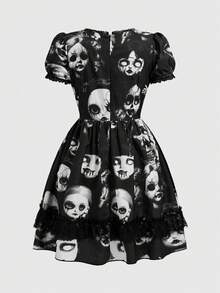 ROMWE Đầm ngắn kiểu Gothic phù thủy đen tối, phối ren, in hình búp bê dành cho nữ. - màu đen - Xem 3