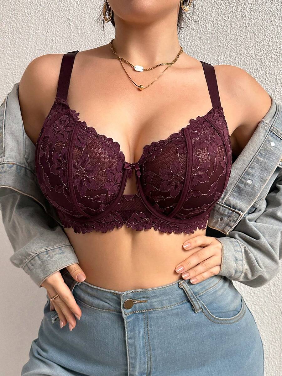 DesireSculpt 1 Áo ngực có gọng lưới ren cỡ lớn dành cho nữ - Màu đỏ tím - Xem 1