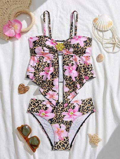 SHEIN Tween Girls Floral Print Spaghetti Strap Bikini 2 Pieces Swimsuit, Suitable For Spring/Summer Vacation Girls Leopard Swimsuit Animal Print Bathing Suit Cheetah Bathing Suit Girls Cheetah Swimsuit Leopard Print Bathing Suit Tween Tops Summer Tang Top Flower Bikini Hibiscus Bathing Suit Flower Bathing Suit Beach Baithing Suits For Girls Teengirl Beachwear Two Piece Tween Vacay Summer Two Piece Set Tween Black And Leopard Print Bikini Set Black And Pink Flower Black And Leopard Print Swimsuit Leopard Bathing Suit Cheetah Bathing Suit Teens