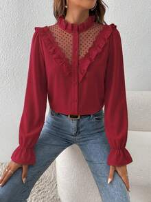 SHEIN Frenchy Contrast Dobby Shirt Mesh Flounce Sleeve Ruffle Trim Blouse Spring Valentine's Day - Burgundy - View 5