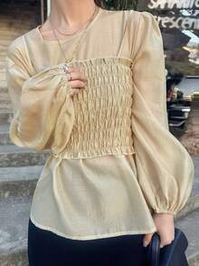 FRIFUL Women's Blouse & Camisole Set, Loose Lantern Sleeve, Vacation Style - Green - View 2