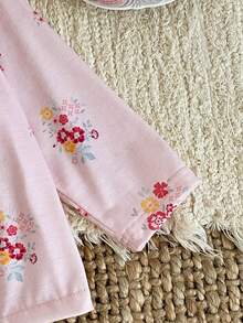 两件套女婴碎花睡衣套装，舒适休闲翻领开衫长袖上衣和裤子，春秋季 - 粉色 - 查看 5