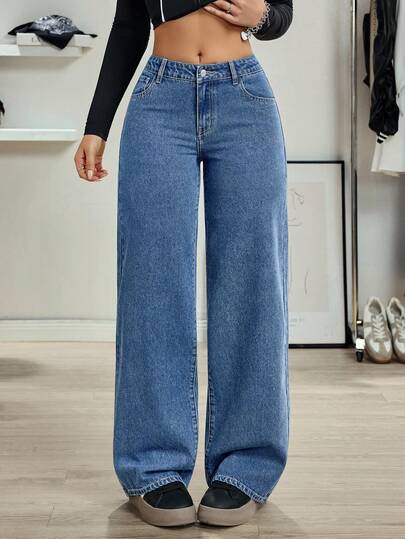 SHEIN Tall Women's Casual Versatile Pocketed Straight Leg Jeans
