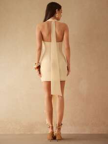 Silquee Apricot Draped Halter Neck Ruched Tie Waist Flowy Mini Dress, Sexy & Elegant For Women, Spring/Summer - Apricot - View 2