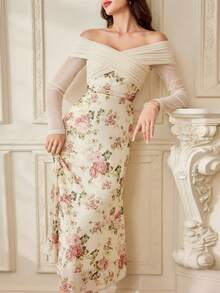 Vintamour فستان نسائي أنيق بطبعة زهرية على الكتف مع تصميم متقاطع ومطوي، مناسب للحفلات والعطلات، بتصميم ضيق وذيل سمكة، فساتين شتوية للنساء، فستان عيد الحب، ملابس عيد الحب للنساء، فستان رأس السنة، فساتين رأس السنة للنساء، ملابس رأس السنة، ملابس حفلة رأس السنة للنساء، فساتين أنيقة للنساء، فساتين أنيقة للسيدات، ملابس العطلات للنساء، فساتين أنيقة للحفلات، ملابس الربيع - لون مشمشي - مشاهدة 3