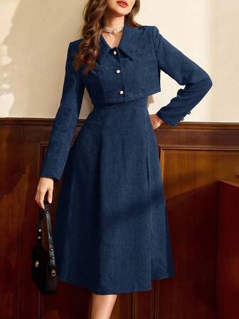 Vintamour 复古优雅两件套灯芯绒方领A字连衣裙长袖短款外套，珍珠纽扣，秋冬女装，女士外套，女士套装，新年礼服，冬季女装外套，两件套，冬季服装，圣诞节女装，圣诞节服装，红色长袖女士两件套，圣诞节女装，圣诞派对礼服，圣诞节服装，感恩节礼服，红色外套，冬季女装套装