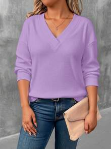 EMERY ROSE Purple Fashionable Plus Size Women V-Neck Long Sleeve T-Shirt - Multicolor - View 5