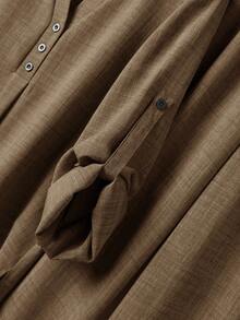 Rusticease 休闲纯色翻领卷袖上衣和松紧腰裤套装 - 棕色 - 查看 3