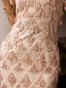 MOTF Soiréza WOMEN'S SEQUIN FRINGE SPLIT HEM DRESS, OCCASION WEAR - Khaki - View 3