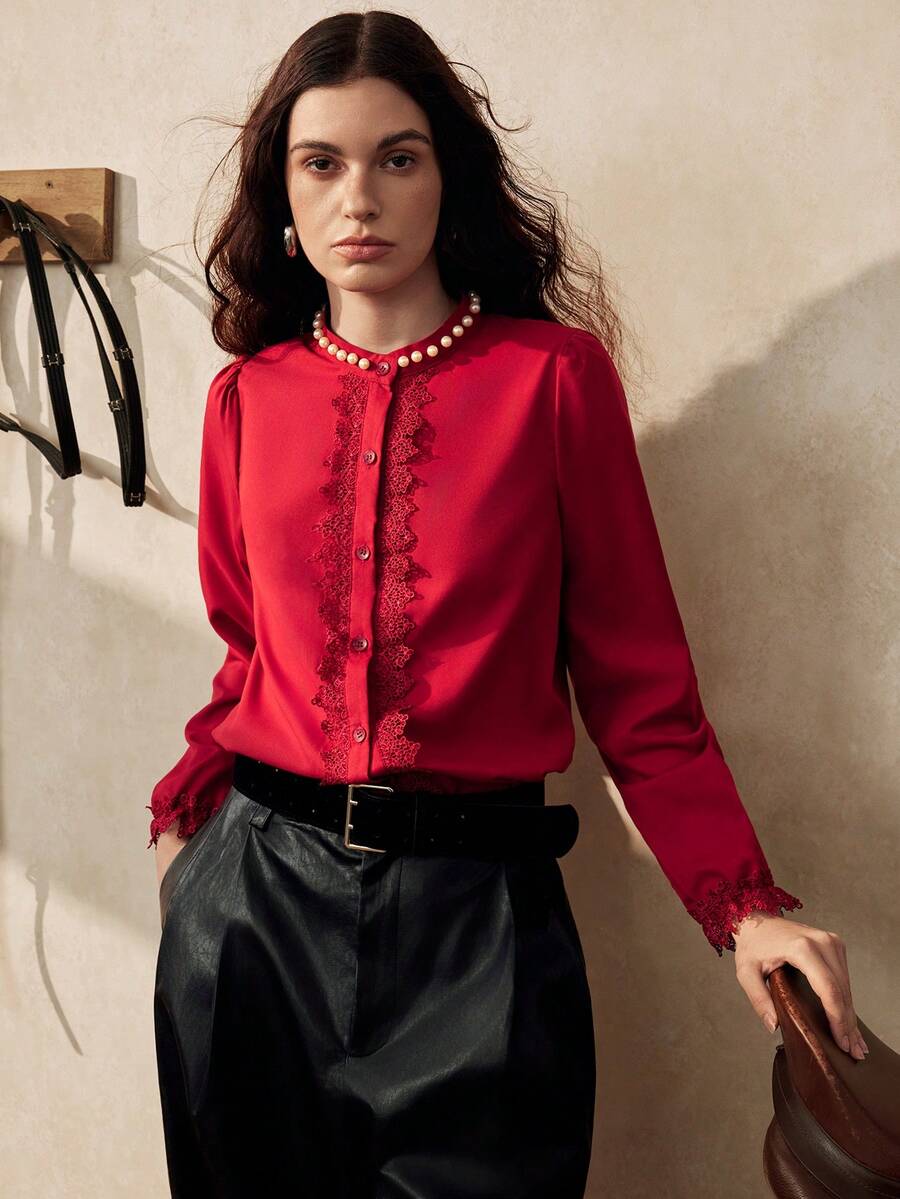 Zovinel 女士休闲通勤圆领长袖珍珠装饰衬衫，优雅百搭，适合工作场合，秋冬季穿着。 - 紅色 - 查看 1