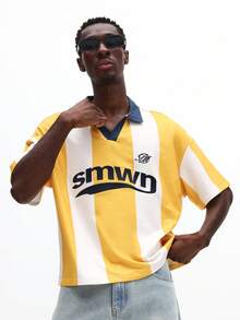 SUMWON 休闲修身条纹短袖翻领Polo衫，胸前印花字母图案，适合夏季春季日常周末休闲穿着 - 黃色 - 查看 4