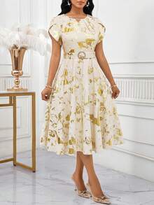 SHEIN Lady 女士优雅箔印花卉花瓣袖连衣裙，夏季 - 彩色 - 查看 4