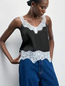 Maija Black And White Lace Patchwork Camisole Top For Women,Elegant,Summer Date Night,Skin-Friendly,Versatile Beach,Party,Valentine's Day,Spring Break Top - Black and White - View 4