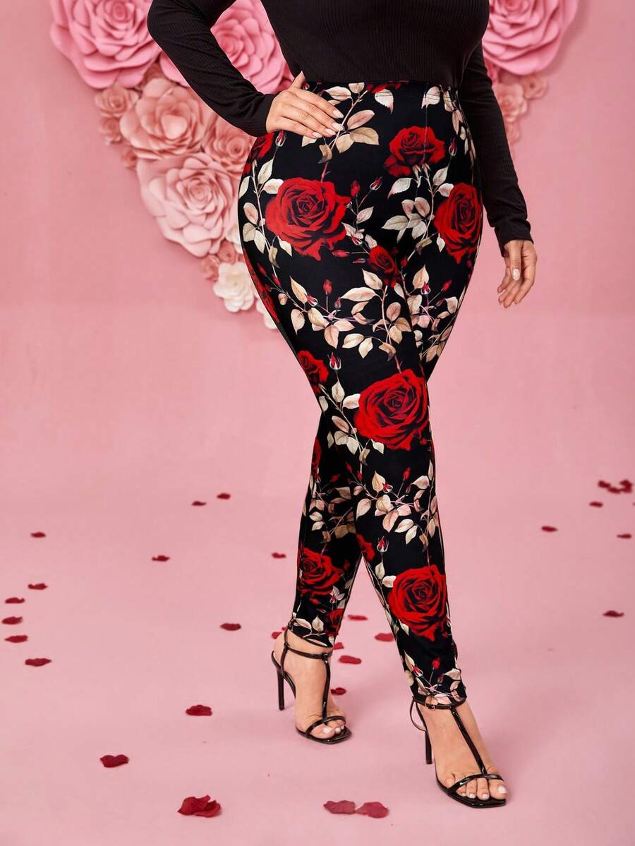 Reflora Quần legging dệt kim co giãn in họa tiết hoa hồng dành cho nữ cỡ lớn, thanh lịch và đa năng, phù hợp cho mọi mùa, tiệc năm mới, đêm giao thừa, ngày lễ tình nhân, sinh nhật, kỳ nghỉ xuân. - Nhiều màu - Xem 1