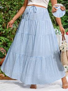 SHEIN 孕妇夏季度假休闲格子荷叶边A字裙 - 藍色 - 查看 1