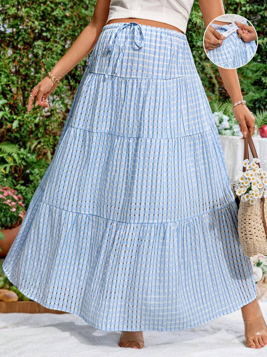 SHEIN 孕妇夏季度假休闲格子荷叶边A字裙 - 藍色 - 查看 1