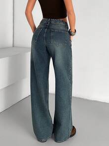 EURMUSE Low Waist Slanted Pocket Loose Straight Leg Denim Jean - Medium Wash - View 3