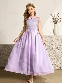 Elegant Organza & Contrast Lace Spaghetti Strap Ruffle Hem Midi Dress For Tween Girl, Suitable For Flower Girl, Wedding, Prom, Birthday Party, Banquet Light Purple Dress Formal Lilac Flower Girl Dress Tween Bridesmaid Dress - Purple - View 8