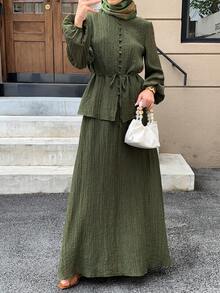 Solavon 女士休闲纯色纹理长袖上衣和半裙两件套，秋季 - 橄欖綠 - 查看 5