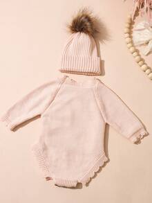 针织“Hello World”刺绣新生儿连体衣，配同款毛球帽，可作婴儿出生公告连体衣、婴儿摄影道具，米色，适合宝宝回家穿着 - 粉色 - 查看 3