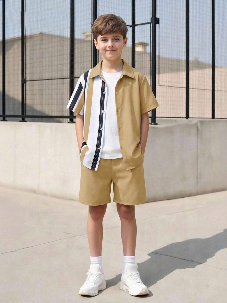 SHEIN Vacaura Bộ 2 món cho bé trai, áo tay ngắn phối màu tương phản và quần short màu trơn. - Màu Khaki - Xem 1