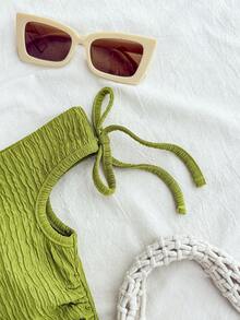 SHEIN Teen Girls' Knitted Olive Green Jacquard Asymmetric Shoulder Bow Decor Ruched T-Shirt,Cute Summer Vacation Holiday Ribbed Tube Top Camisole Set - Olive Green - View 3