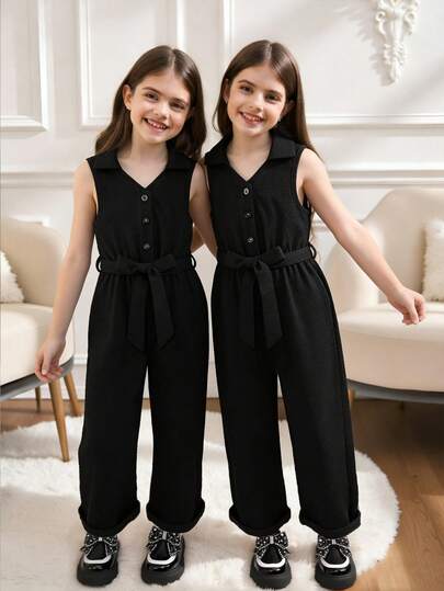 SHEIN Mono versátil y cómodo con cuello de solapa, botones delanteros y cinturón, de tela suave y arrugada con aspecto de mezclilla, ideal para otoño, picnics, salidas, conjuntos a juego con hermanas y uso diario