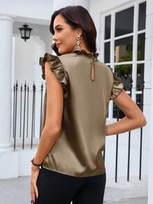Editum Blusa de satén con cuello mao, manga corta y volantes de unicolor - Camel - Ver 2