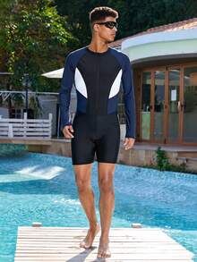 Manfinity VDAYZ Men's Contrast Color Zipper Long Sleeve One-Piece Swimsuit Men's Fashion Beach Couple Swimsuit It Is Great For Couples And Makes An Excellent Gift Idea For Boyfriends Or Husbands