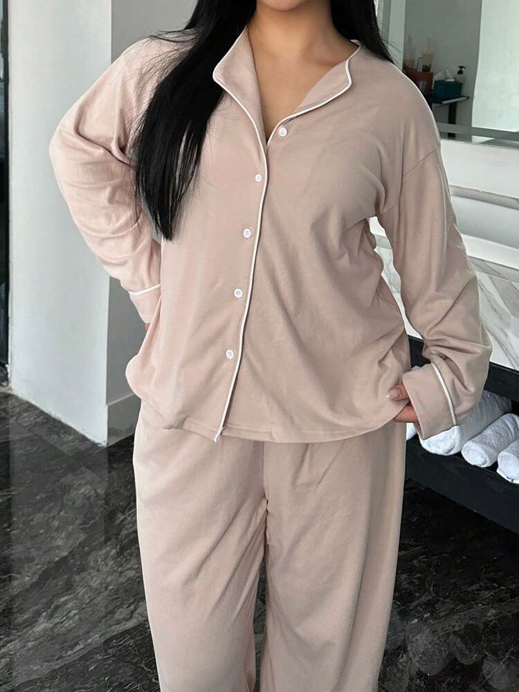 Dazy Plus 2pcs Fashionable Solid Color Loungewear Set, Loose Long Sleeve Shirt Top And Straight Leg Pants, Plus Size Women Spring/Autumn Pajamas
