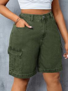 Rivivi 大码纯色斜插口袋休闲百搭牛仔短裤 女式带口袋短裤 - 軍綠色 - 查看 4