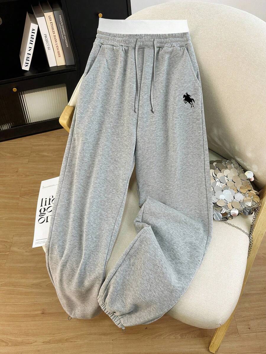 Resyla 大码女式抽绳腰带骑士印花口袋休闲慢跑裤 - 灰色 - 查看 1