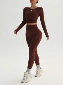 SHEIN Sports Plus Size Women Solid Color Long Sleeve And Long Pants Sports Outfit, Seamless Workout Women Set Women Leggings Set - Brown - View 4