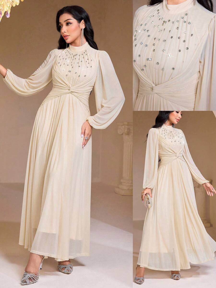 Veilorie Nuevo diseño de vestido de cóctel elegante con decoración de strass y cintura ceñida - Beis - Ver 1