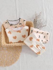 女婴卡其色蝴蝶爱心图案荷叶边短裤睡衣套装 - 卡其色 - 查看 8