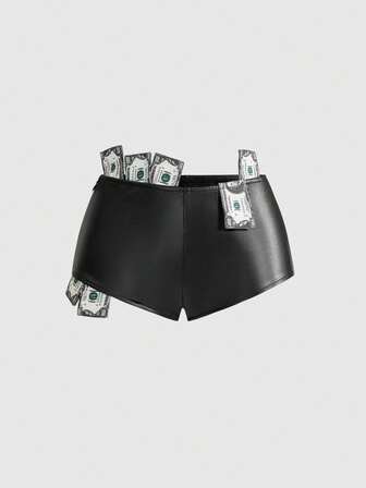 ROMWE Avant Sexy Diva Dollar Bill bestickte ultra tief sitzende Mini PU Shorts