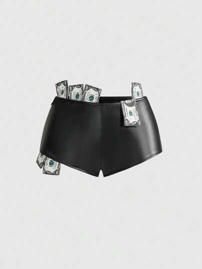 ROMWE Avant Sexy Diva Dollar Bill Embroidered Super Low-Rise Mini PU Shorts