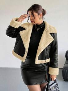 Firerie Plus Size Autumn/Winter Fashion Corduroy Composite Thermal Lining Black & White Contrast Color Short Loose Women Long Sleeve Black Jacket Coat; Suitable For Valentine's Day, Concerts, Performances, Parties, Weddings, Sexy, Elegant, Commuting, Back To School Season Jacket Y2k Coats For Women Women Plus Outerwear Women Women Faux Leather Jacket Shearling Jacket Plus Size Jacket