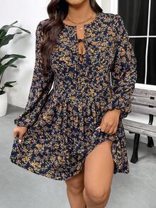 SHEIN Frenchy 大码女式碎花褶皱长袖休闲连衣裙，春夏新品 - 彩色 - 查看 6