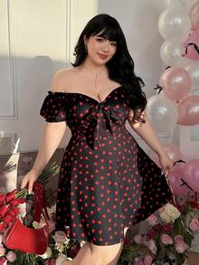 CovetEZ Đầm ngắn tay trễ vai in họa tiết quả anh đào cỡ lớn, trang phục đi nghỉ mát thanh lịch, đầm dự tiệc cưới thường ngày, đầm hè. - màu đen - Xem 3