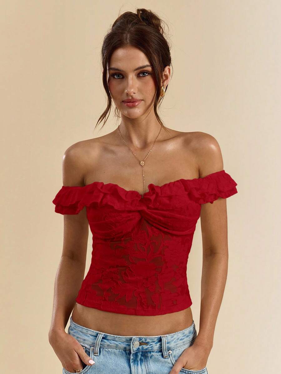 SHEIN BAE Women's White Textured Knit Off-Shoulder Ruffle Front Twist Bodycon Top, Summer Top - Red - View 1
