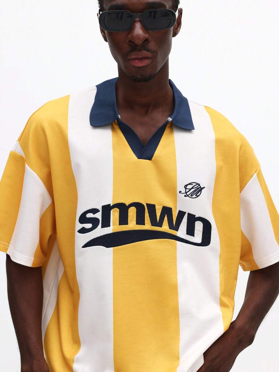 SUMWON 休闲修身条纹短袖翻领Polo衫，胸前印花字母图案，适合夏季春季日常周末休闲穿着 - 黃色 - 查看 1