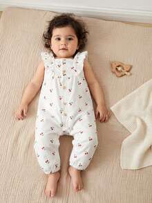 Souflis Souflis Baby Girls Toddler Floral Print Square Neck Ruffle Hem Sleeveless Romper, Suitable For Spring/Summer Outings, Vacation, Daily Wear - White - View 1
