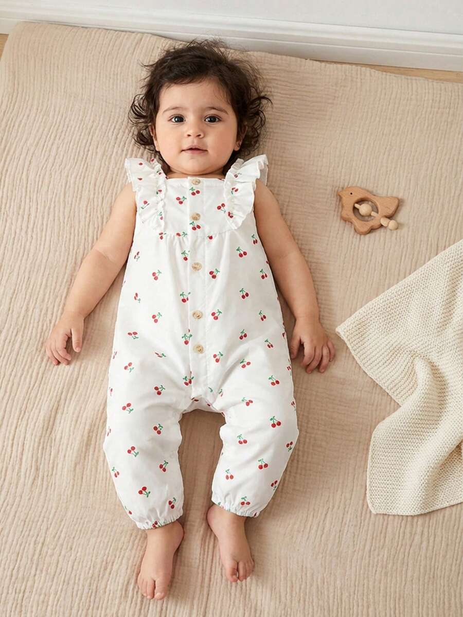 Souflis Souflis Baby Girls Toddler Floral Print Square Neck Ruffle Hem Sleeveless Romper, Suitable For Spring/Summer Outings, Vacation, Daily Wear - White - View 1